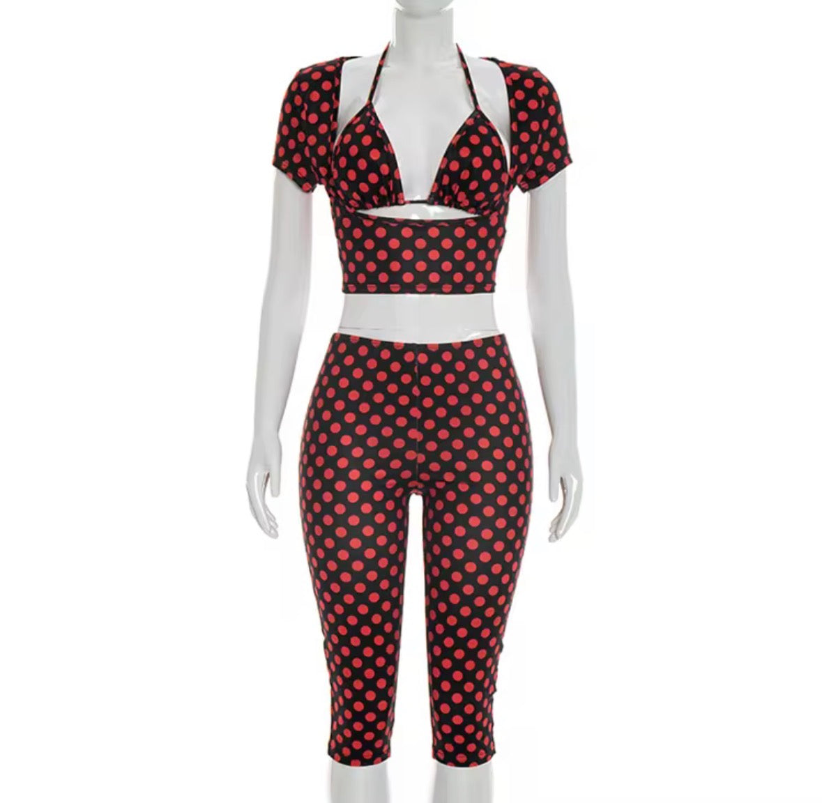 Dot Darling 3-Piece Set – Polka Dot Crop Top, Bralette & Capri Pants (Red & White / Black & Red)