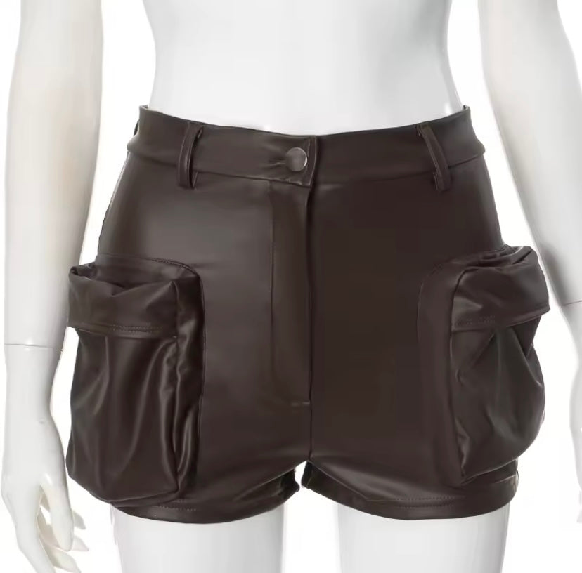 Women’s Brown PU Leather Tight Short Cargo Shorts with Button Zipper Closure