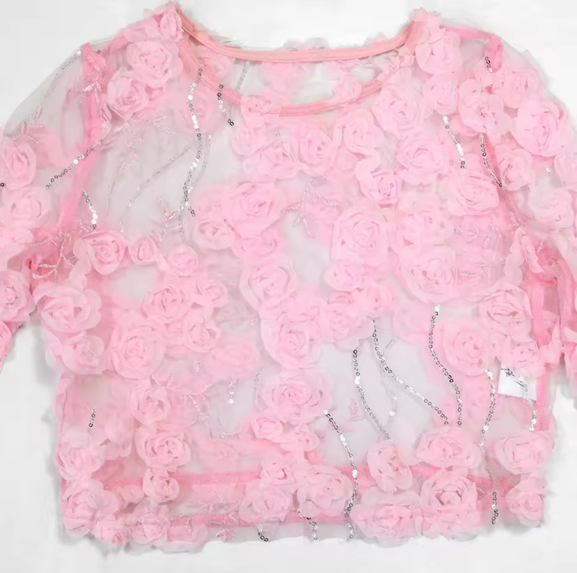 Women’s Pink Blush Bloom 2-Piece Sheer 3D Floral Short Set