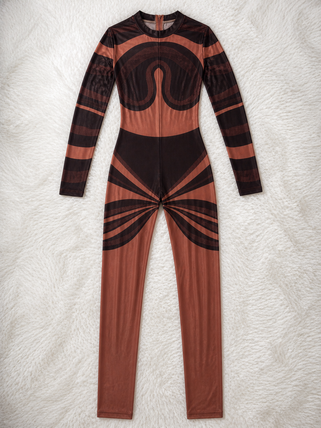 Sheer Illusion Mesh Jumpsuit – Brown & Black Body Contour Long Sleeve One Piece