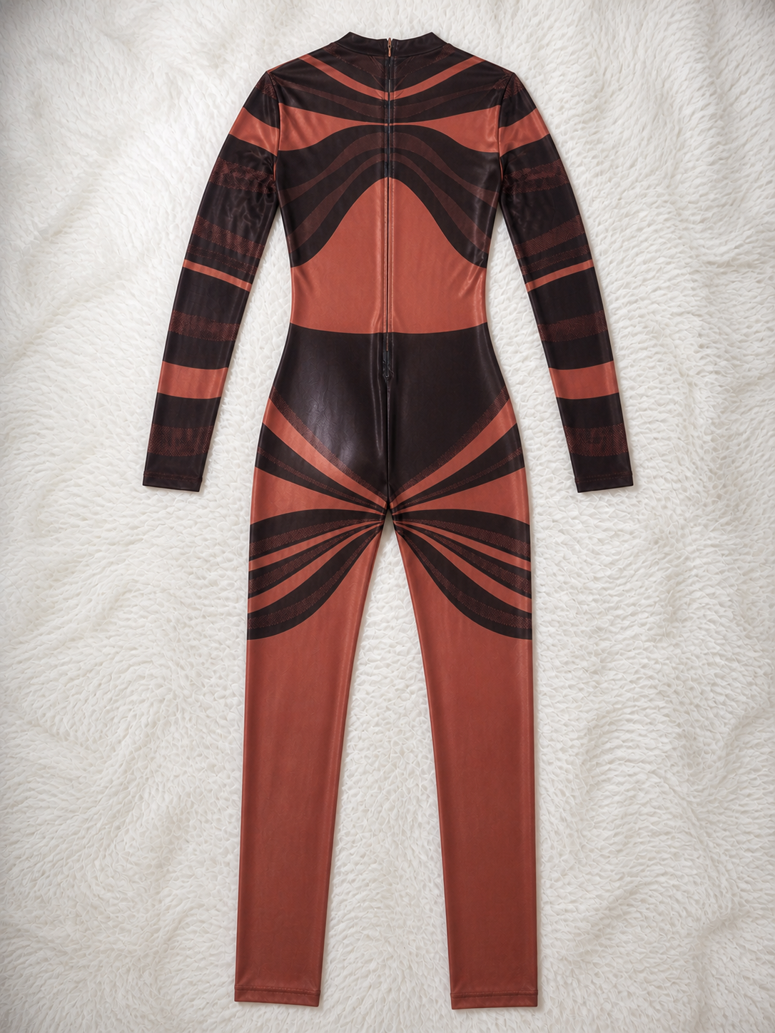 Sheer Illusion Mesh Jumpsuit – Brown & Black Body Contour Long Sleeve One Piece