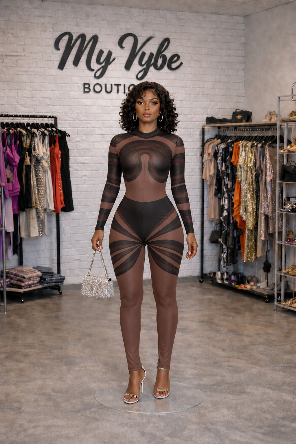 Sheer Illusion Mesh Jumpsuit – Brown & Black Body Contour Long Sleeve One Piece