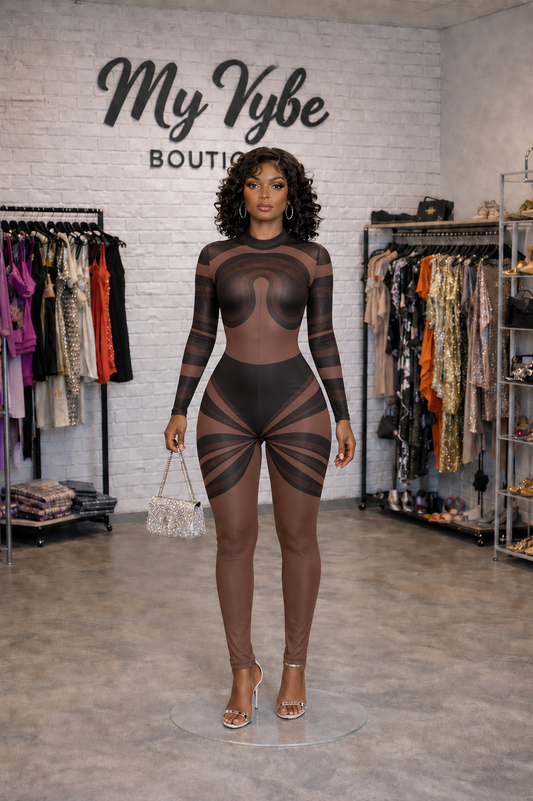 Sheer Illusion Mesh Jumpsuit – Brown & Black Body Contour Long Sleeve One Piece