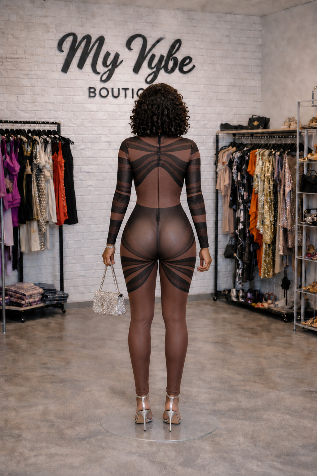 Sheer Illusion Mesh Jumpsuit – Brown & Black Body Contour Long Sleeve One Piece