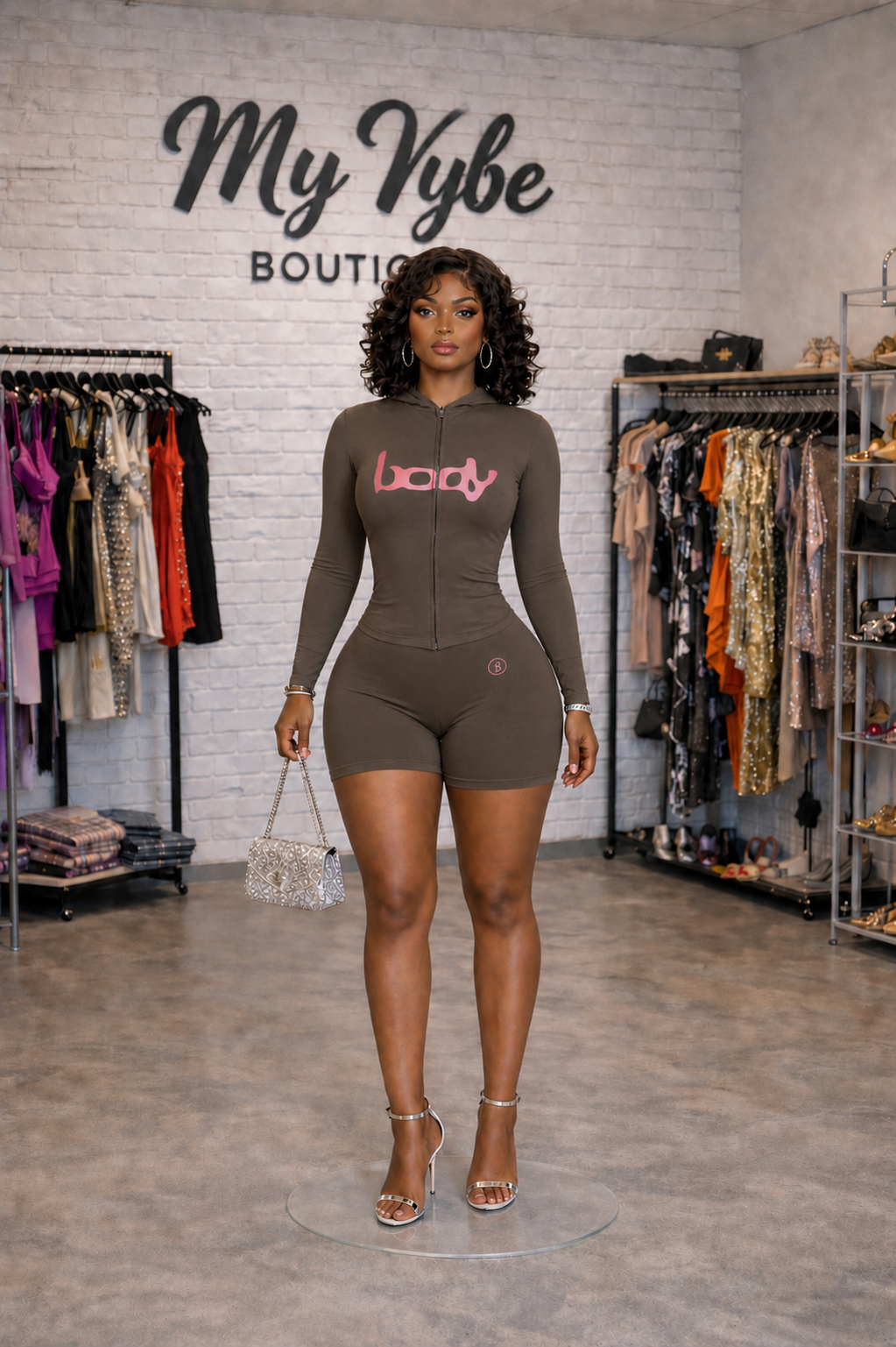 Women’s Bodycon Two Piece Short Set – Zip Up Top & High Waisted Biker Shorts (Stretchy Lounge & Athleisure Set)