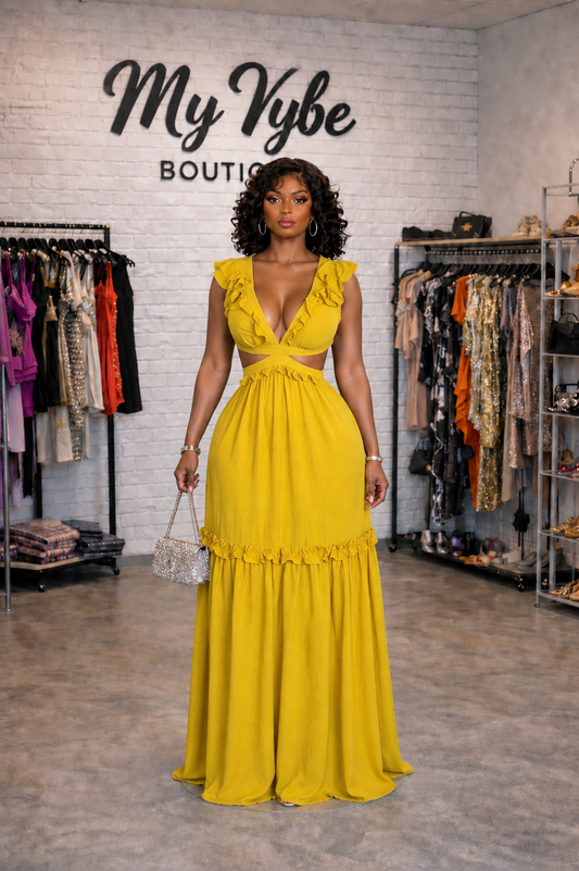 Boho Mustard Yellow Cutout Ruffle Maxi Dress – Carola Sundress for Women