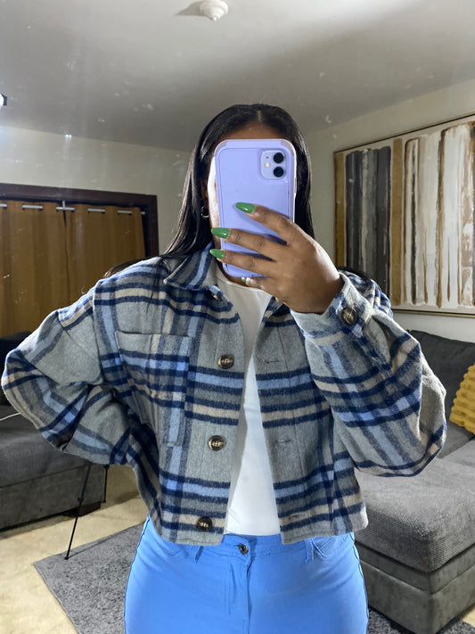 Women's Blue & Gray Plaid Wool-Blend Cropped Jacket