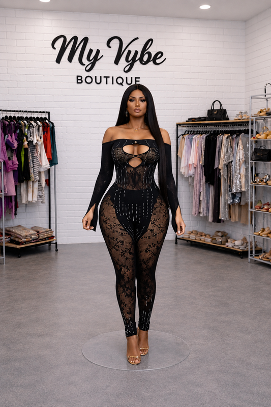 Midnight Luxe Sheer Rhinestone Jumpsuit – Off Shoulder Black Lace Bodysuit