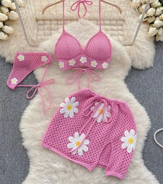 3-Piece Flower Print Knitted Mini Skirt Set