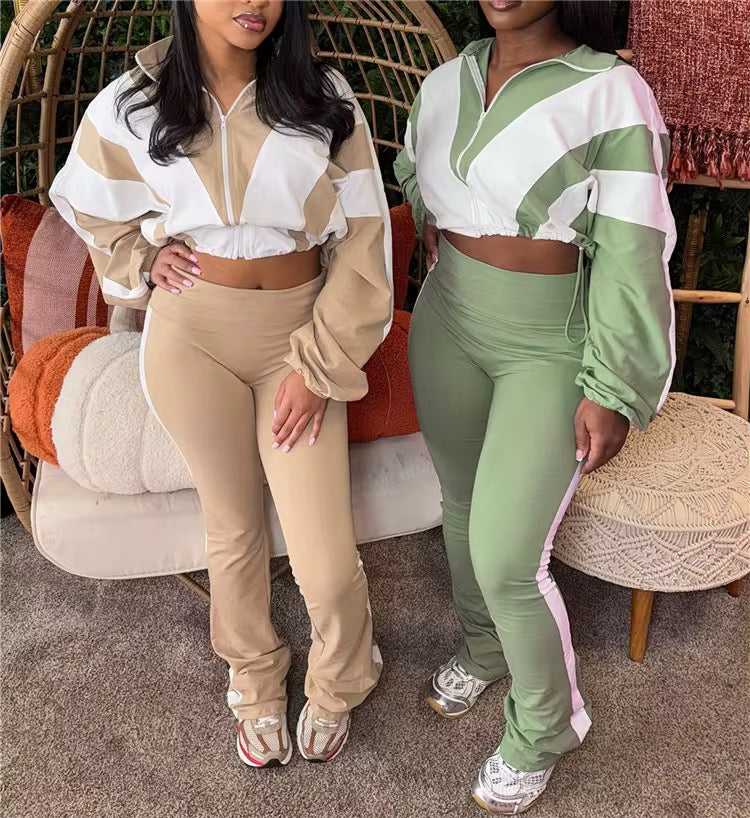Trendy Two-Piece Tracksuit Set – Women’s Athleisure Zip-Up Crop Jacket & High-Waist Flare Pants (Multiple Colors)