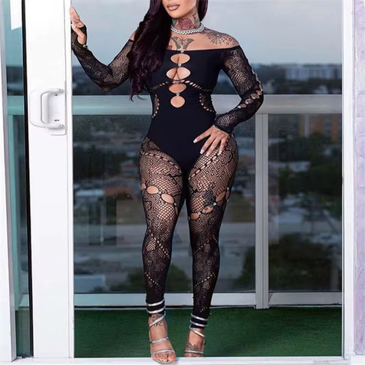 Sexy Black Lace Cutout Jumpsuit – Off Shoulder Long Sleeve Bodysuit