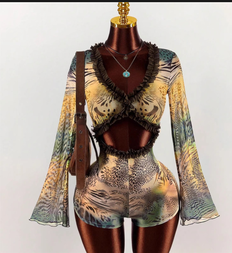 Wild Luxe Mesh Cut-Out Romper - Animal Print Long Sleeve Bodycon Shorts Romper