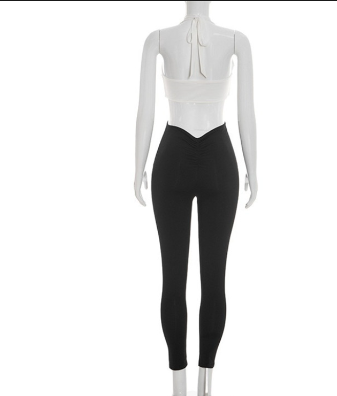 Sculpted Chic Halter Bodysuit & High-Waist Leggings Set – Backless Bodycon Jumpsuit