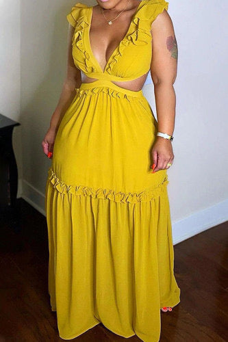 Womens Yellow Ruffled Maxi Dress