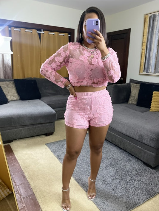 Women’s Pink Blush Bloom 2-Piece Sheer 3D Floral Short Set