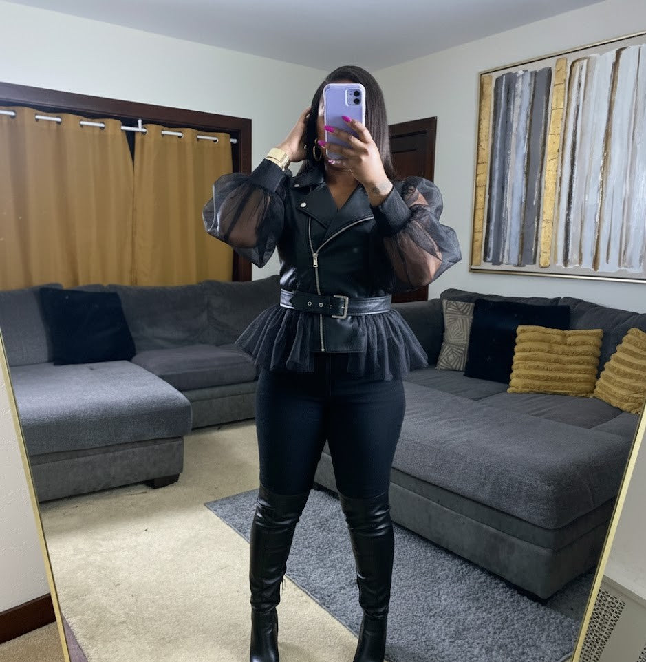 Women's Edgy Sheer Sleeve Moto Jacket – Faux Leather Biker Jacket with Ruffle Details Black Jacket for Women (Large Only)