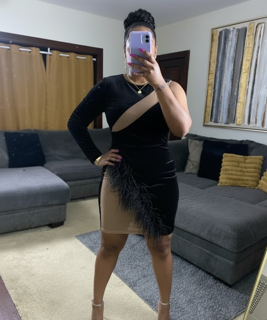 Womens Velour One Sleeve Mesh & Feather Dress