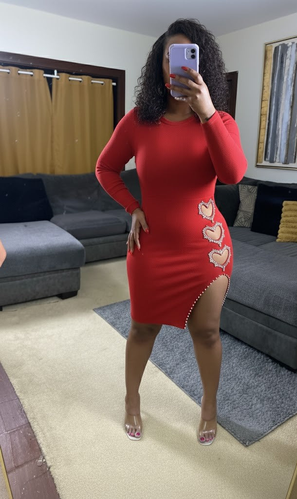 Women’s Red Heart Rhinestone Cut Out Long Sleeve Dress With Slit (Medium Only)
