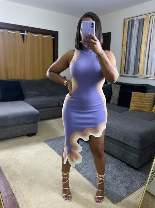 Contour Illusion Bodycon Mini Dress for Women – High Neck Sleeveless Sculpting Print Dress | Periwinkle Body Shaping Cocktail Dress