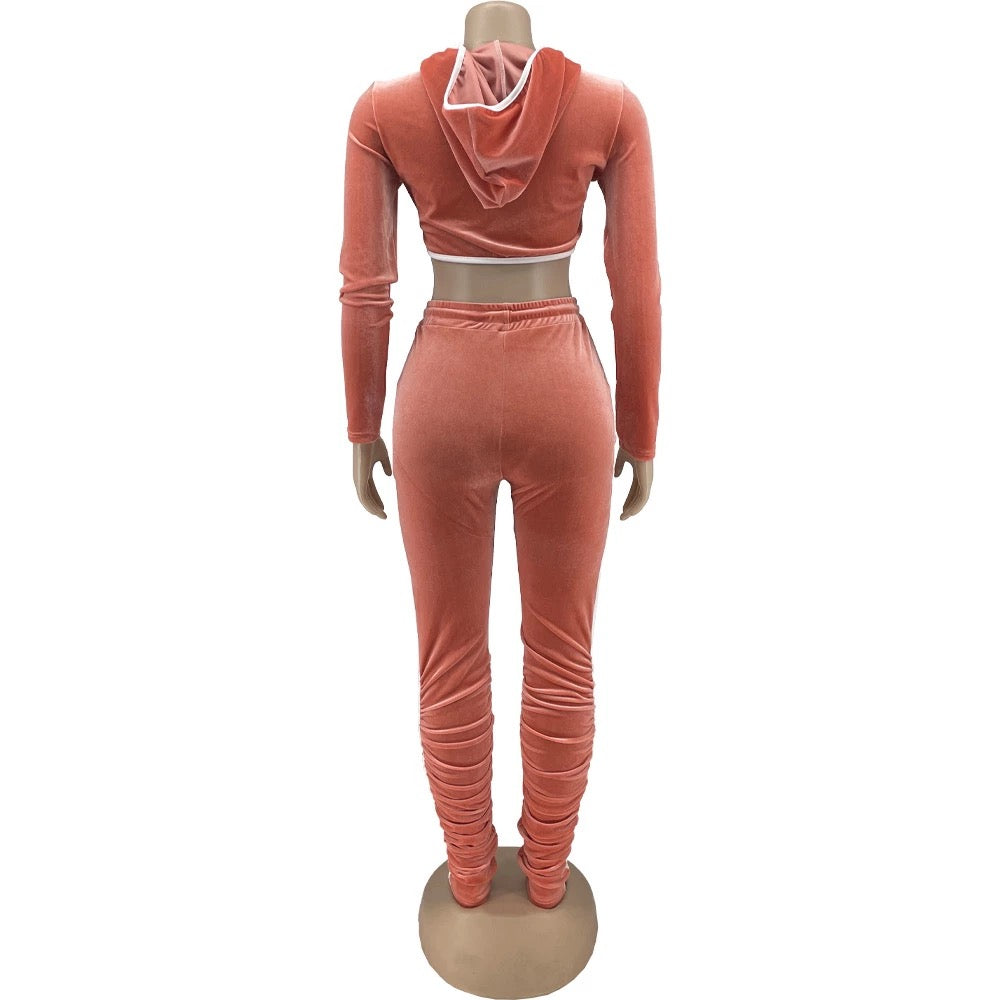 Women's Hooded Crop Velour 2-Piece Pants Set