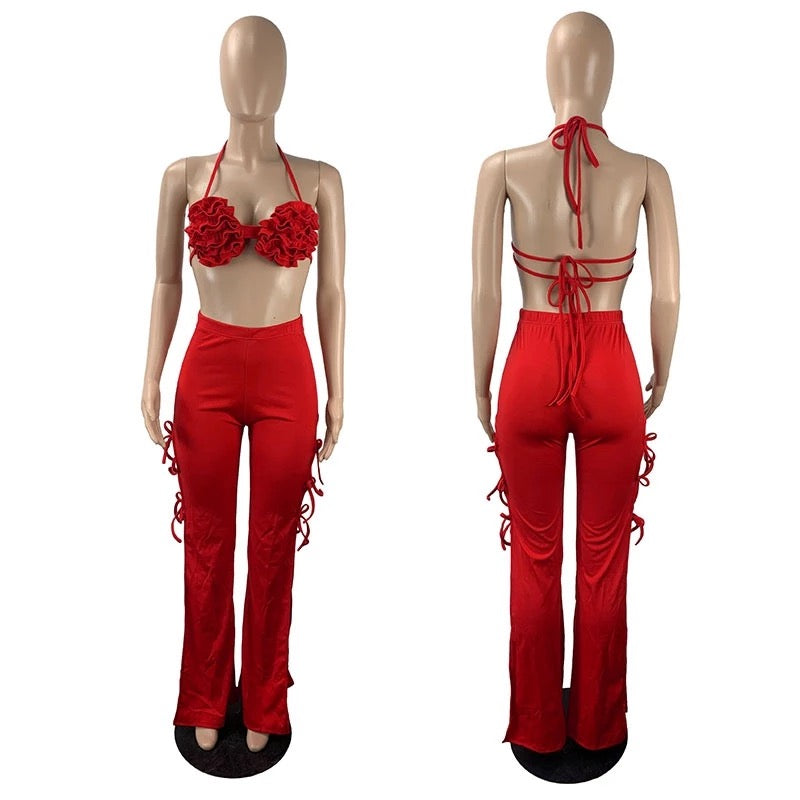 Red Women's Ruffles Halter Top and Pants Outfit Set (Real Image)