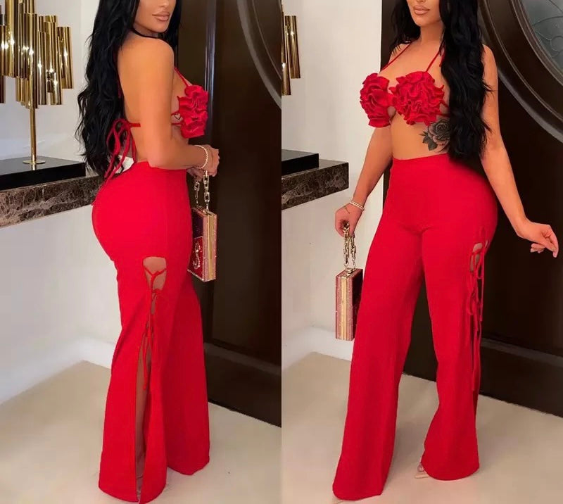 Red Women's Ruffles Halter Top and Pants Outfit Set
