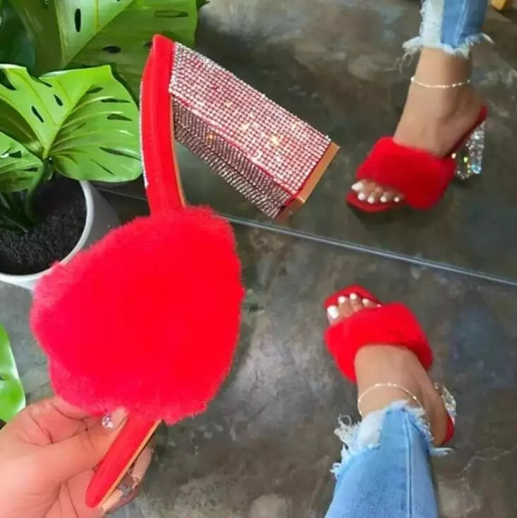 Fuzzy Rhinestones Sandals