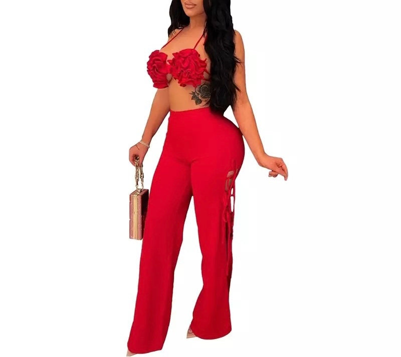 Red Women's Ruffles Halter Top and Pants Outfit Set