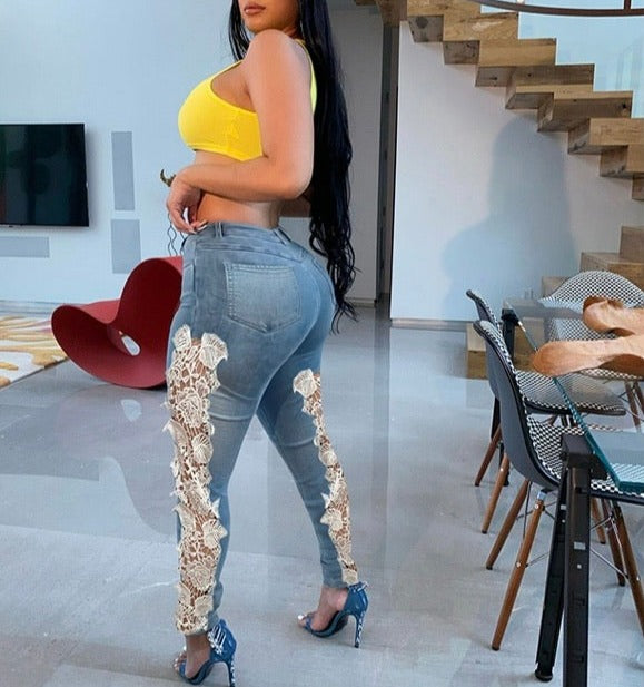 Women's Laced Floral Denim Jeans (Small Only)
